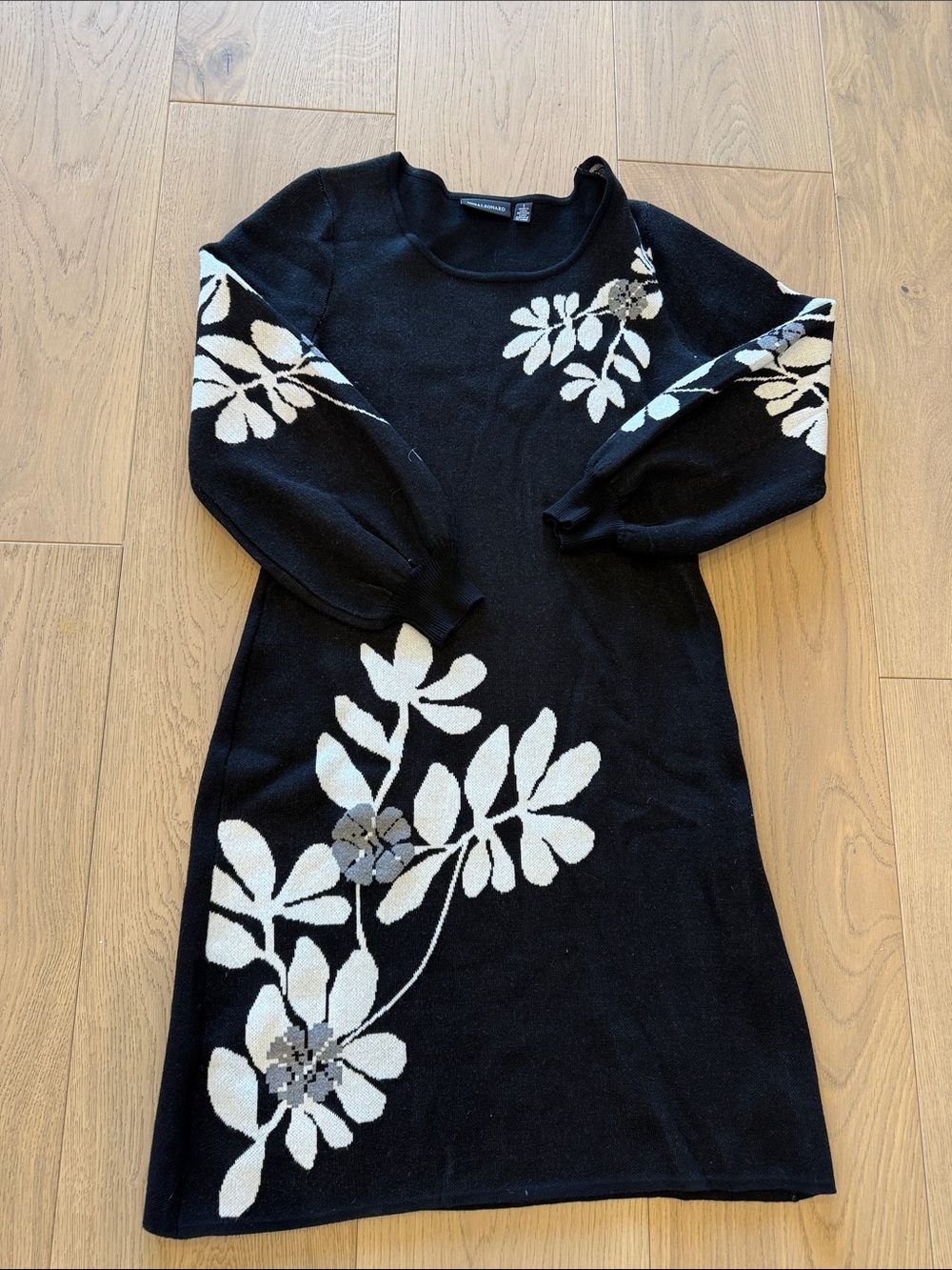 Nina Leonard Black Knit Top with White Floral Accent